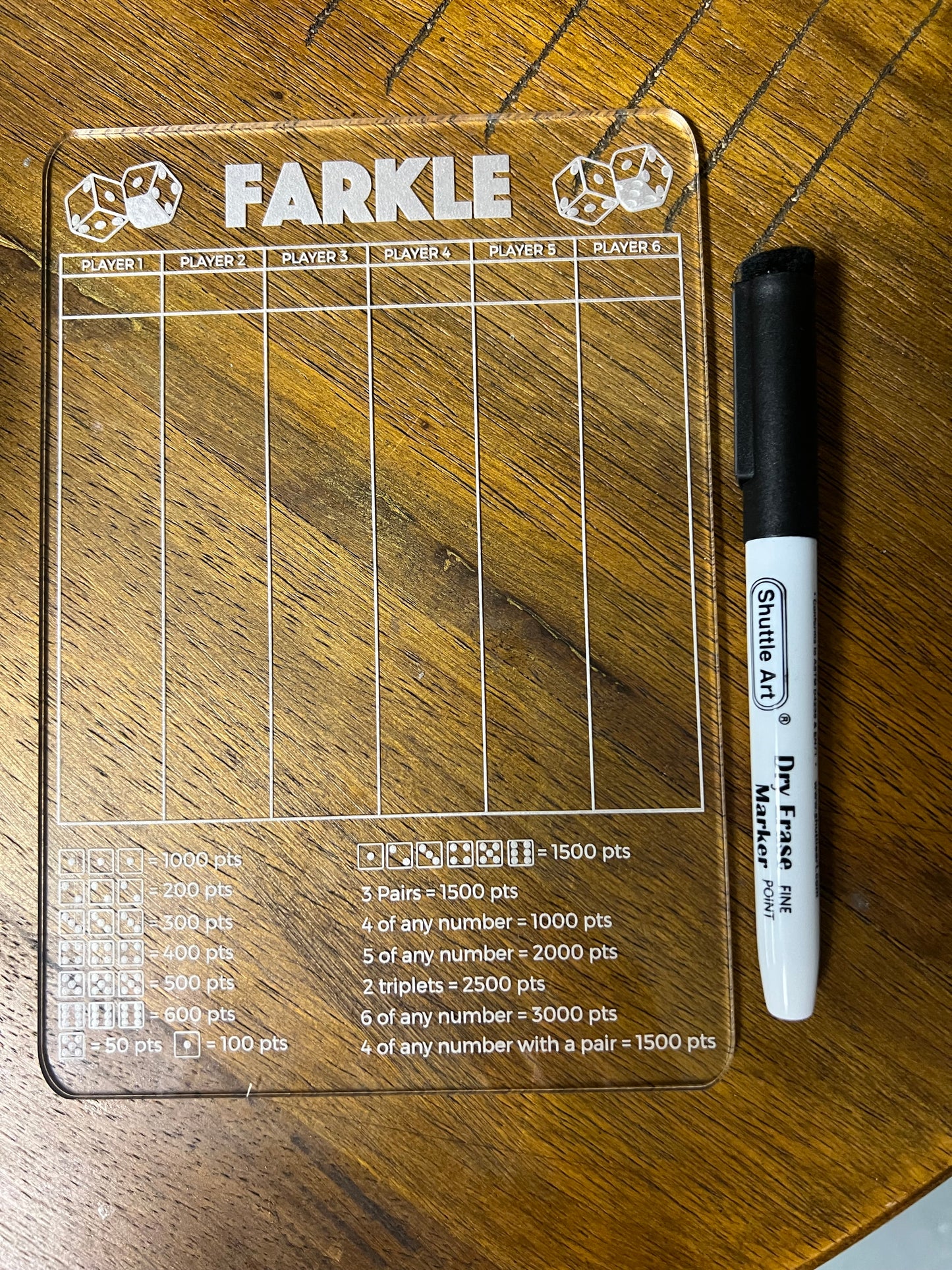 Reusable acrylic Farkle scorecards