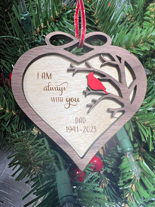 Memorial Cardinal Christmas Ornament- heart (I am always with you)